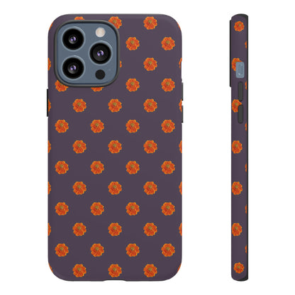 Coque Téléphone Samsung, iPhone & Google Pixel Renforcée Mate – Design Floral Epuré Fleurs de Cosmos Orange sur Fond Couleur Prune | Protection Antichoc | Idée Cadeau Femme