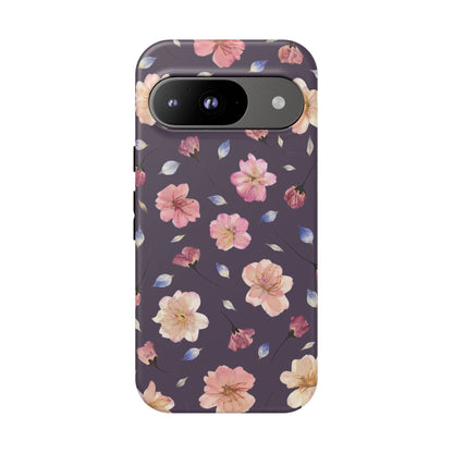 Coque Téléphone Samsung, iPhone & Google Pixel Renforcée Mate – Design Floral Fleurs de Cerisier sur Fond Couleur Prune | Protection Antichoc | Idée Cadeau Femme