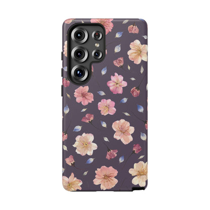 Coque Téléphone Samsung, iPhone & Google Pixel Renforcée Mate – Design Floral Fleurs de Cerisier sur Fond Couleur Prune | Protection Antichoc | Idée Cadeau Femme