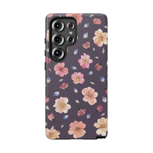 Coque Téléphone Samsung, iPhone & Google Pixel Renforcée Mate – Design Floral Fleurs de Cerisier sur Fond Couleur Prune | Protection Antichoc | Idée Cadeau Femme