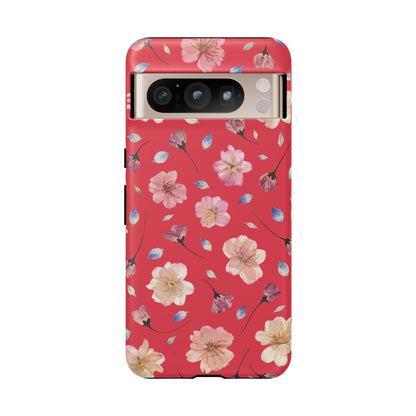 Coque Téléphone Samsung, iPhone & Google Pixel Renforcée Mate – Design Floral Fleurs de Cerisier sur Fond Rouge Féminin | Protection Antichoc | Idée Cadeau Femme