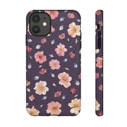 Coque Téléphone Samsung, iPhone & Google Pixel Renforcée Mate – Design Floral Fleurs de Cerisier sur Fond Couleur Prune | Protection Antichoc | Idée Cadeau Femme