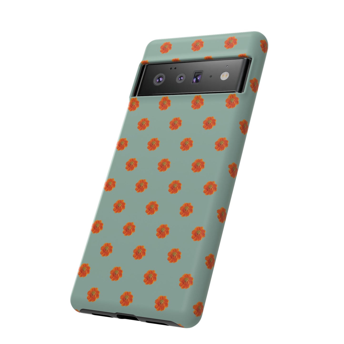 Coque Téléphone Samsung, iPhone & Google Pixel Renforcée Mate – Design Floral Epuré Fleurs de Cosmos Orange sur Fond Vert Eucalyptus | Protection Antichoc | Idée Cadeau Femme