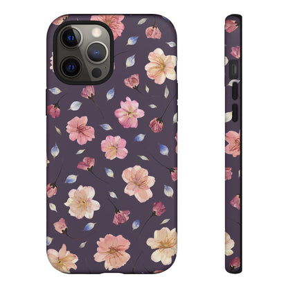 Coque Téléphone Samsung, iPhone & Google Pixel Renforcée Mate – Design Floral Fleurs de Cerisier sur Fond Couleur Prune | Protection Antichoc | Idée Cadeau Femme