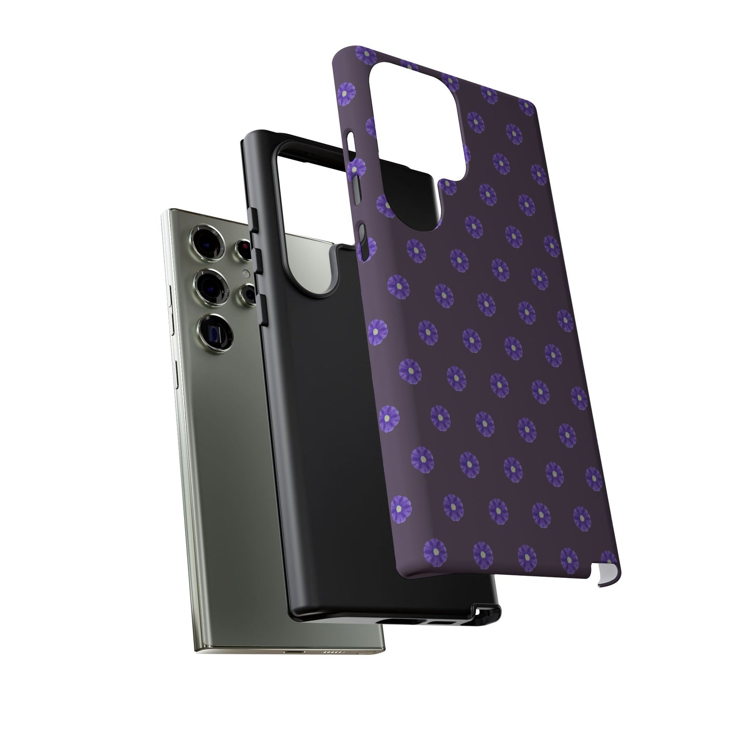 Coque Téléphone Samsung, iPhone & Google Pixel Renforcée Mate – Design Floral Epuré Fleurs de Primevère sur Fond Couleur Prune| Protection Antichoc | Idée Cadeau Femme