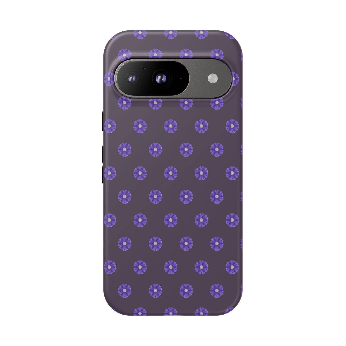 Coque Téléphone Samsung, iPhone & Google Pixel Renforcée Mate – Design Floral Epuré Fleurs de Primevère sur Fond Couleur Prune| Protection Antichoc | Idée Cadeau Femme