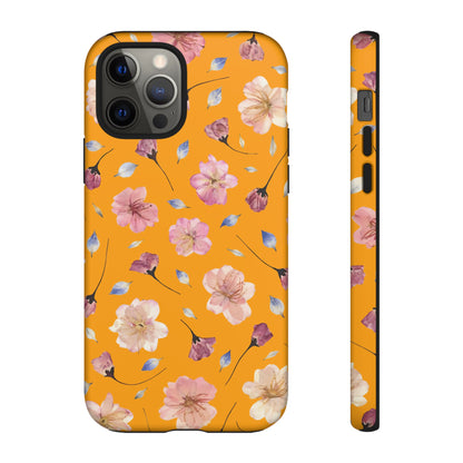 Coque Téléphone Samsung, iPhone & Google Pixel Renforcée Mate – Design Floral Fleurs de Cerisier sur Fond Couleur Curcuma| Protection Antichoc | Idée Cadeau Femme