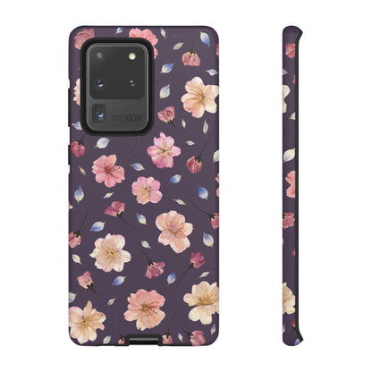 Coque Téléphone Samsung, iPhone & Google Pixel Renforcée Mate – Design Floral Fleurs de Cerisier sur Fond Couleur Prune | Protection Antichoc | Idée Cadeau Femme