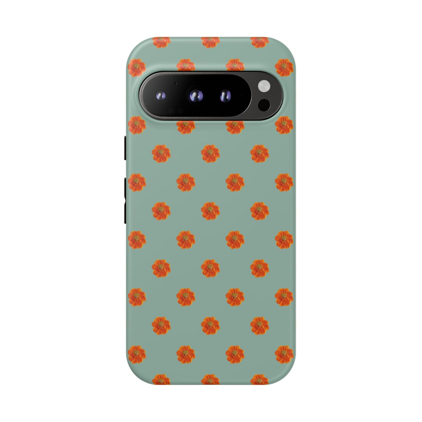 Coque Téléphone Samsung, iPhone & Google Pixel Renforcée Mate – Design Floral Epuré Fleurs de Cosmos Orange sur Fond Vert Eucalyptus | Protection Antichoc | Idée Cadeau Femme