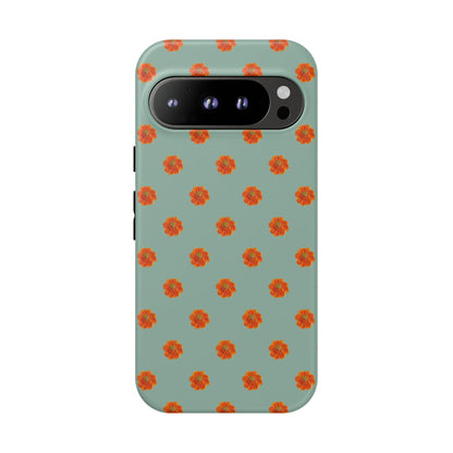 Coque Téléphone Samsung, iPhone & Google Pixel Renforcée Mate – Design Floral Epuré Fleurs de Cosmos Orange sur Fond Vert Eucalyptus | Protection Antichoc | Idée Cadeau Femme