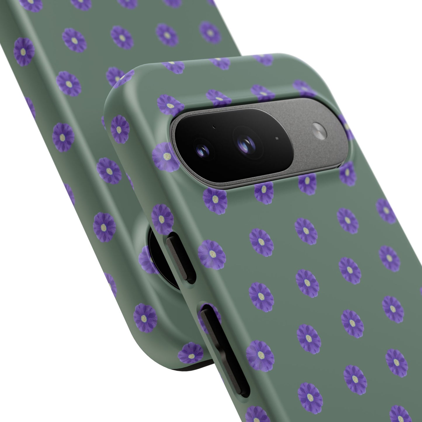 Coque Téléphone Samsung, iPhone & Google Pixel Renforcée Mate – Design Floral Epuré Fleurs de Primevère sur Fond Vert Minéral | Protection Antichoc | Idée Cadeau Femme