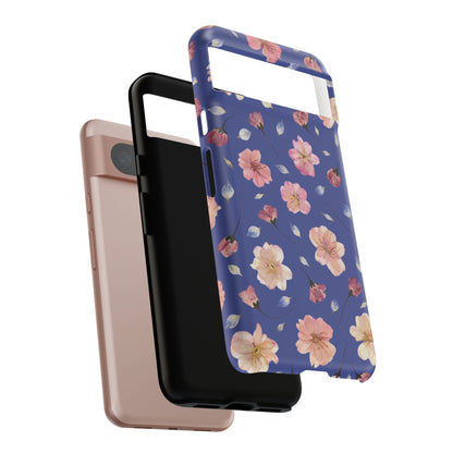 Coque Téléphone Samsung, iPhone & Google Pixel Renforcée Mate – Design Floral Fleurs de Cerisier sur Fond Bleu Encre | Protection Antichoc | Idée Cadeau Pour Elle