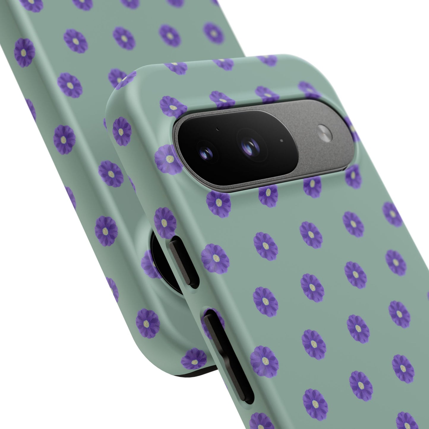 Coque Téléphone Samsung, iPhone & Google Pixel Renforcée Mate – Design Floral Epuré Fleurs de Primevère sur Fond Vert Eucalyptus | Protection Antichoc | Idée Cadeau Anniverssaire