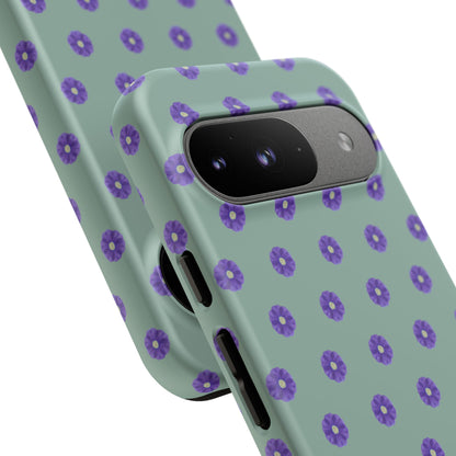 Coque Téléphone Samsung, iPhone & Google Pixel Renforcée Mate – Design Floral Epuré Fleurs de Primevère sur Fond Vert Eucalyptus | Protection Antichoc | Idée Cadeau Anniverssaire