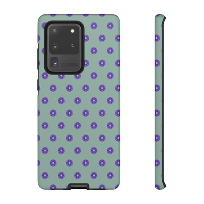 Coque Téléphone Samsung, iPhone & Google Pixel Renforcée Mate – Design Floral Epuré Fleurs de Primevère sur Fond Vert Eucalyptus | Protection Antichoc | Idée Cadeau Anniverssaire