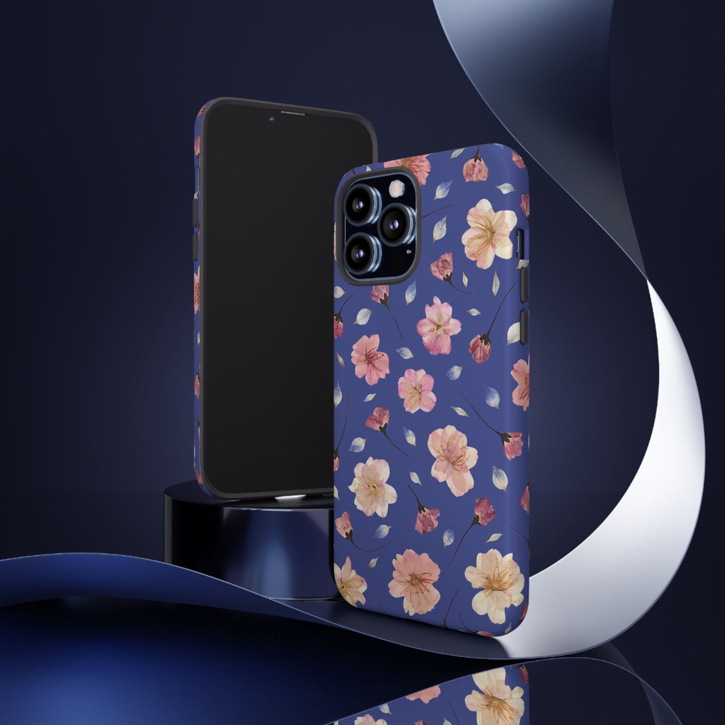 Coque Téléphone Samsung, iPhone & Google Pixel Renforcée Mate – Design Floral Fleurs de Cerisier sur Fond Bleu Encre | Protection Antichoc | Idée Cadeau Pour Elle