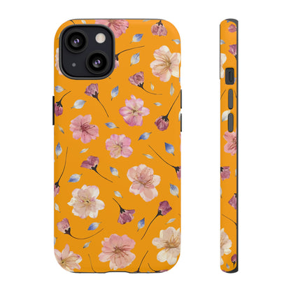 Coque Téléphone Samsung, iPhone & Google Pixel Renforcée Mate – Design Floral Fleurs de Cerisier sur Fond Couleur Curcuma| Protection Antichoc | Idée Cadeau Femme