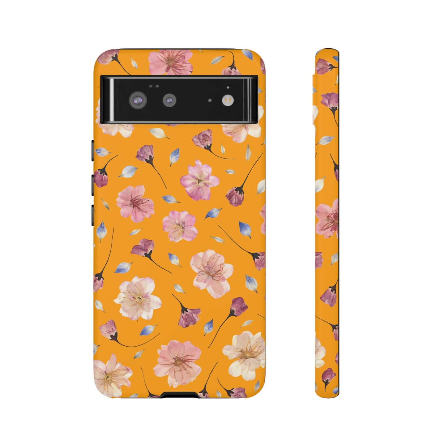 Coque Téléphone Samsung, iPhone & Google Pixel Renforcée Mate – Design Floral Fleurs de Cerisier sur Fond Couleur Curcuma| Protection Antichoc | Idée Cadeau Femme