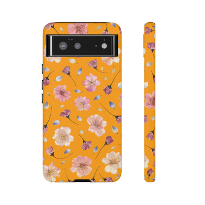 Coque Téléphone Samsung, iPhone & Google Pixel Renforcée Mate – Design Floral Fleurs de Cerisier sur Fond Couleur Curcuma| Protection Antichoc | Idée Cadeau Femme