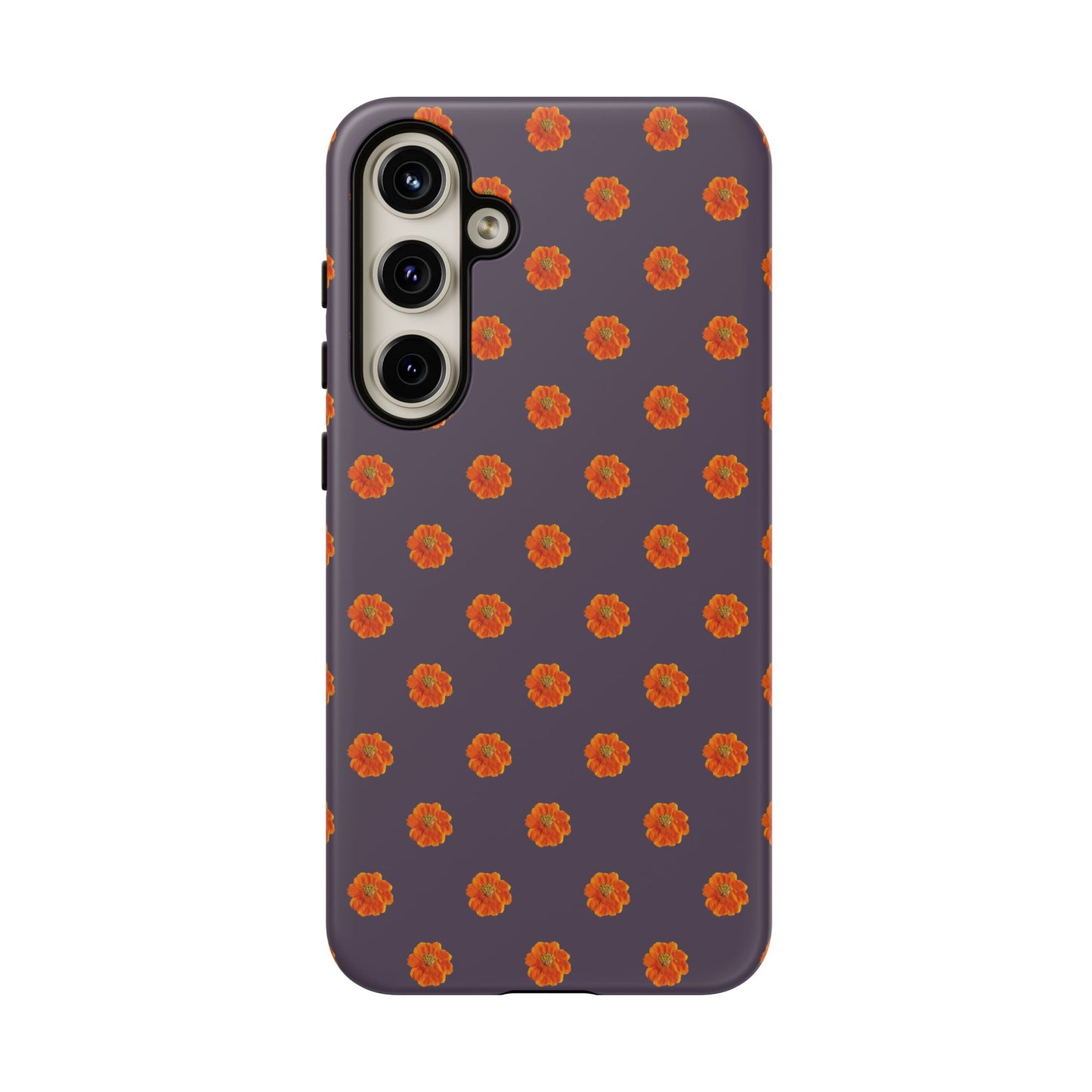 Coque Téléphone Samsung, iPhone & Google Pixel Renforcée Mate – Design Floral Epuré Fleurs de Cosmos Orange sur Fond Couleur Prune | Protection Antichoc | Idée Cadeau Femme