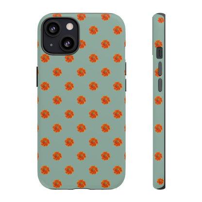 Coque Téléphone Samsung, iPhone & Google Pixel Renforcée Mate – Design Floral Epuré Fleurs de Cosmos Orange sur Fond Vert Eucalyptus | Protection Antichoc | Idée Cadeau Femme