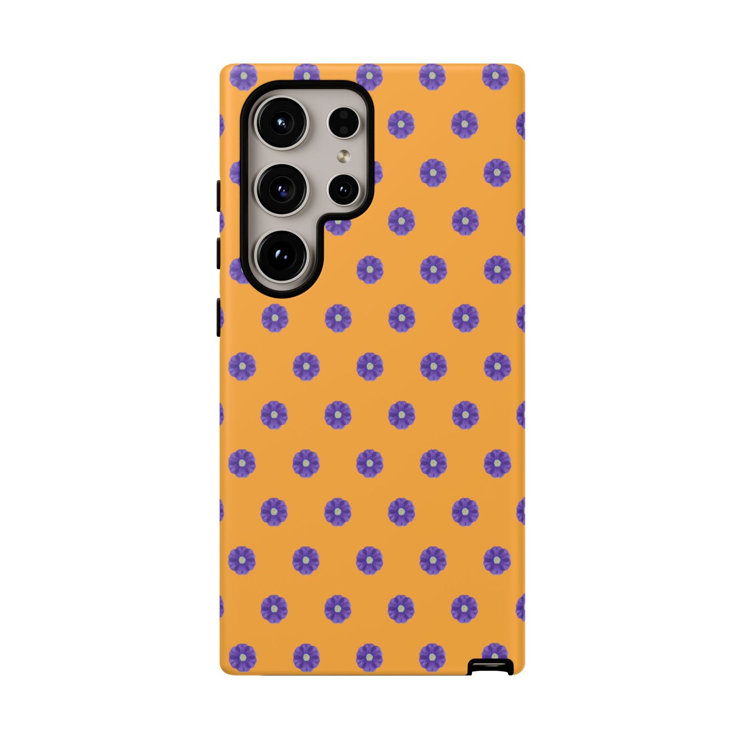 Coque Téléphone Samsung, iPhone & Google Pixel Renforcée Mate – Design Botanique Epuré Fleurs de Primevère sur Fond Ambre | Protection Antichoc | Idée Cadeau Femme