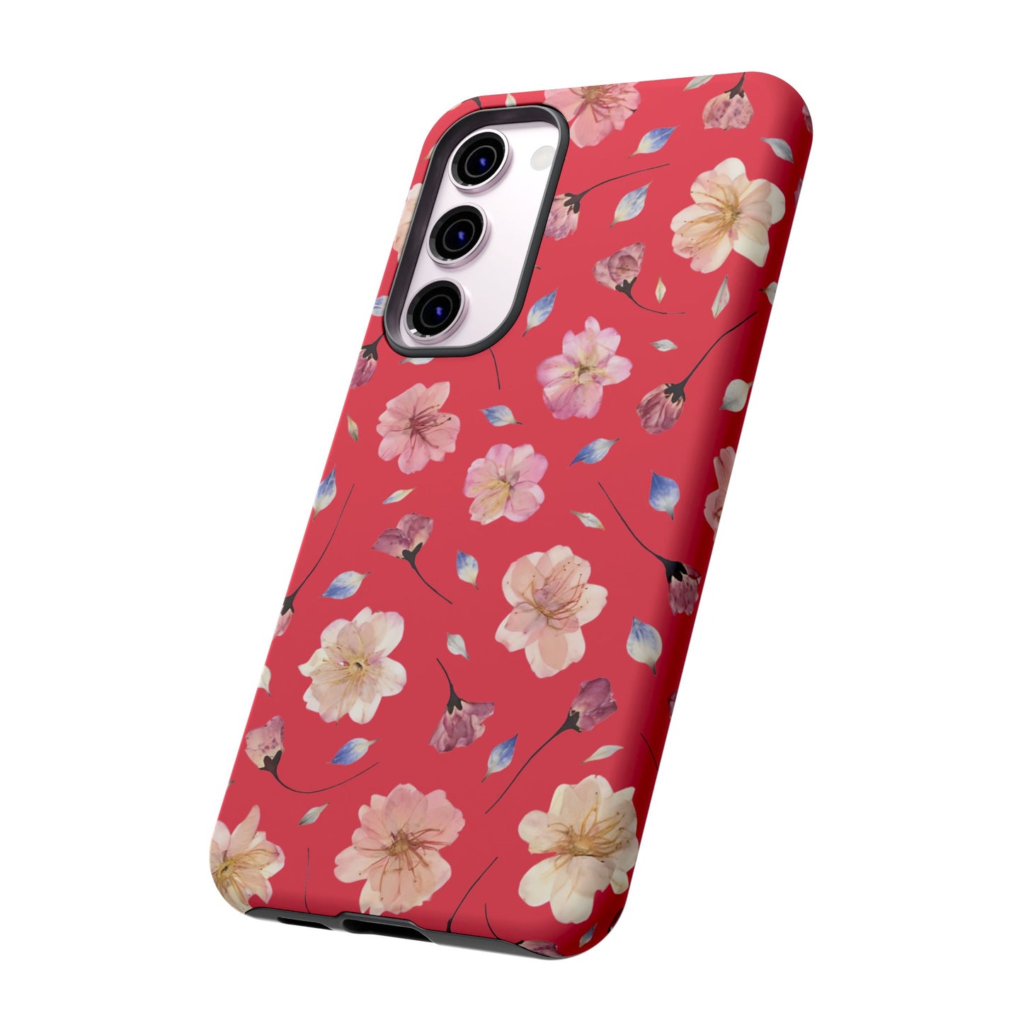 Coque Téléphone Samsung, iPhone & Google Pixel Renforcée Mate – Design Floral Fleurs de Cerisier sur Fond Rouge Féminin | Protection Antichoc | Idée Cadeau Femme