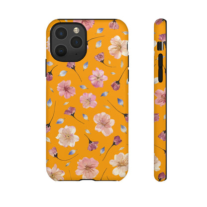 Coque Téléphone Samsung, iPhone & Google Pixel Renforcée Mate – Design Floral Fleurs de Cerisier sur Fond Couleur Curcuma| Protection Antichoc | Idée Cadeau Femme