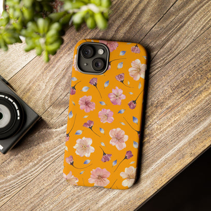 Coque Téléphone Samsung, iPhone & Google Pixel Renforcée Mate – Design Floral Fleurs de Cerisier sur Fond Couleur Curcuma| Protection Antichoc | Idée Cadeau Femme