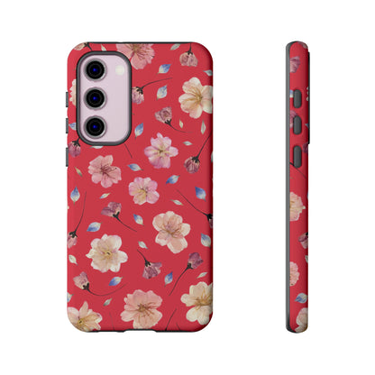 Coque Téléphone Samsung, iPhone & Google Pixel Renforcée Mate – Design Floral Fleurs de Cerisier sur Fond Rouge Féminin | Protection Antichoc | Idée Cadeau Femme