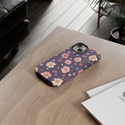 Coque Téléphone Samsung, iPhone & Google Pixel Renforcée Mate – Design Floral Fleurs de Cerisier sur Fond Couleur Prune | Protection Antichoc | Idée Cadeau Femme