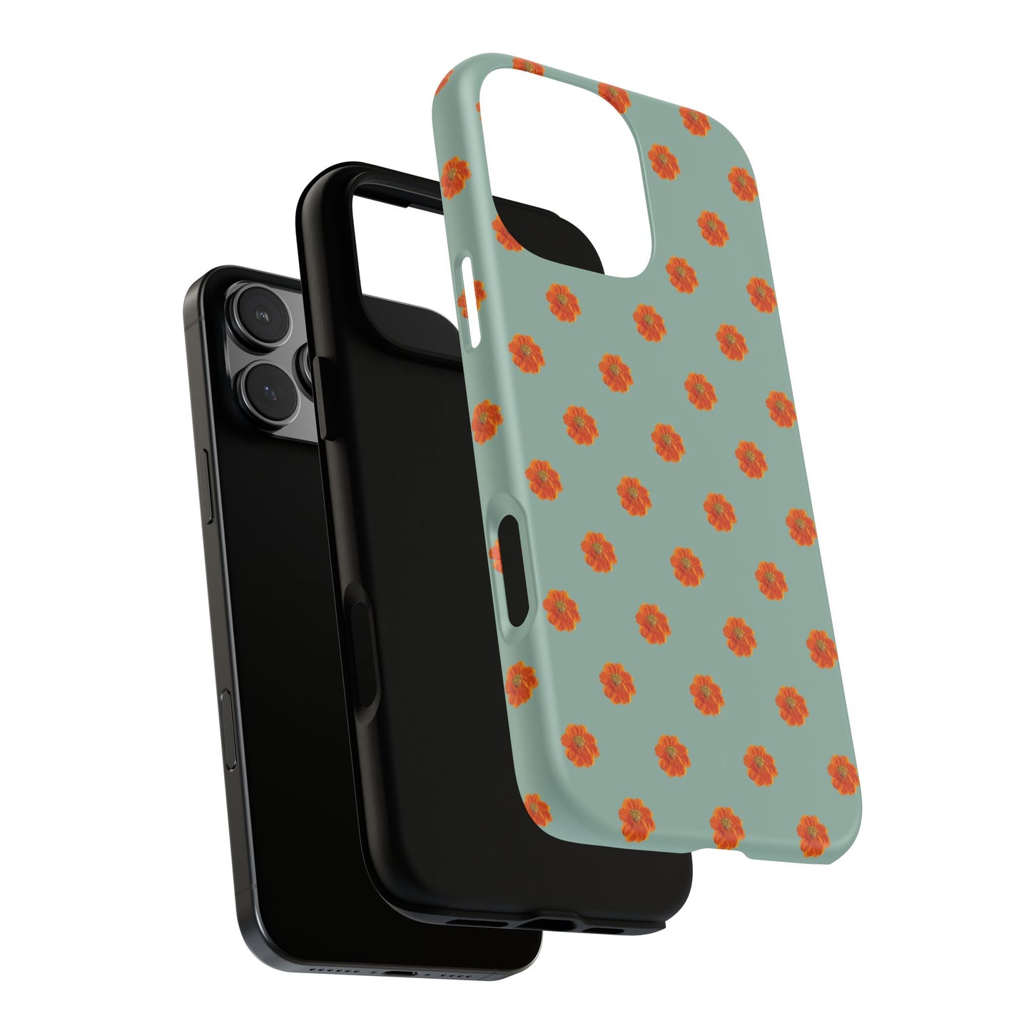 Coque Téléphone Samsung, iPhone & Google Pixel Renforcée Mate – Design Floral Epuré Fleurs de Cosmos Orange sur Fond Vert Eucalyptus | Protection Antichoc | Idée Cadeau Femme
