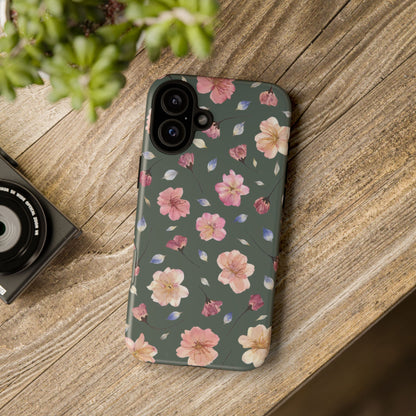 Coque Téléphone Samsung, iPhone & Google Pixel Renforcée Mate – Design Floral Fleurs de Cerisier sur Fond Verte Minéral | Protection Antichoc | Idée Cadeau Femme