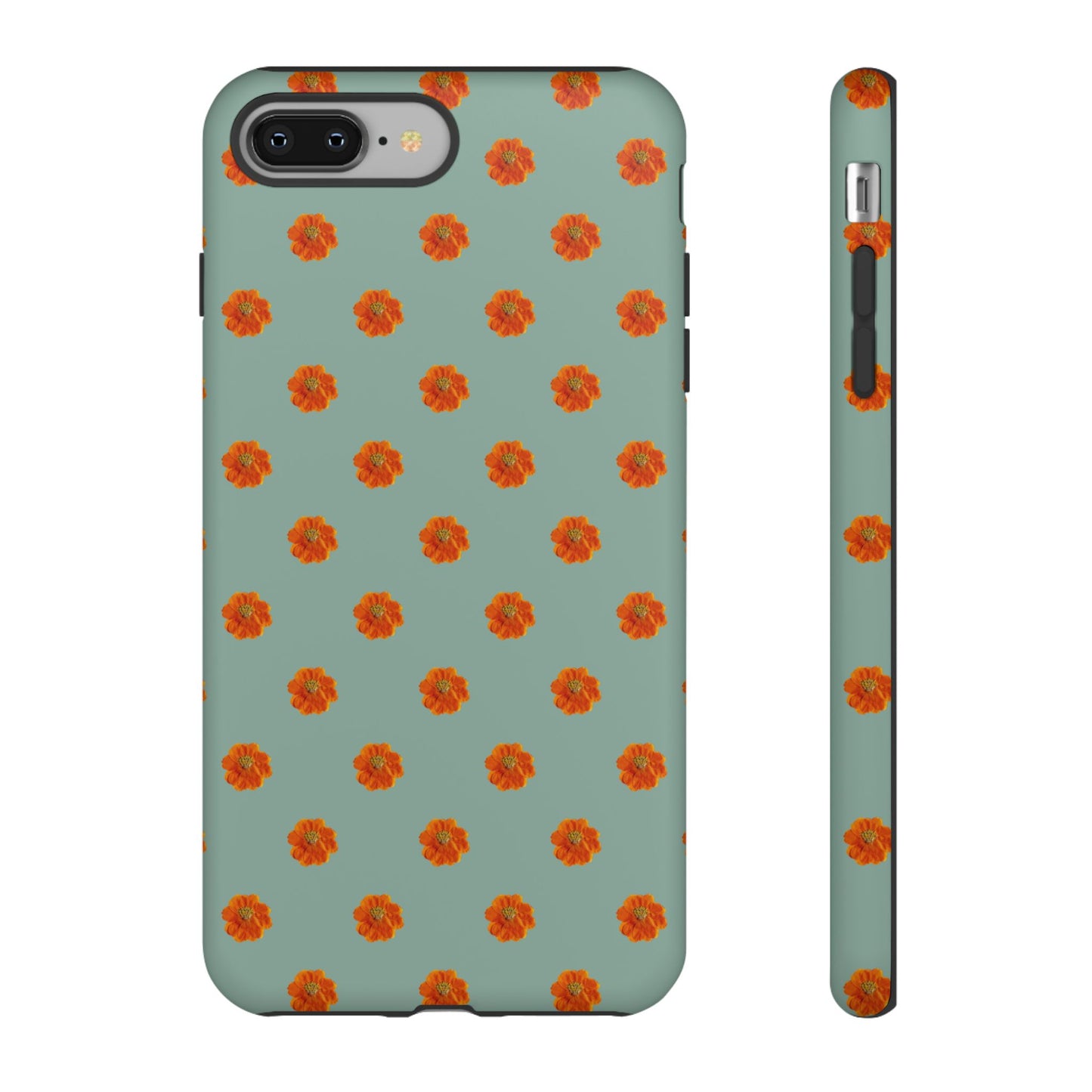 Coque Téléphone Samsung, iPhone & Google Pixel Renforcée Mate – Design Floral Epuré Fleurs de Cosmos Orange sur Fond Vert Eucalyptus | Protection Antichoc | Idée Cadeau Femme