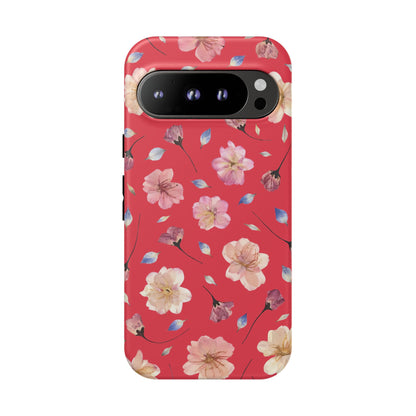 Coque Téléphone Samsung, iPhone & Google Pixel Renforcée Mate – Design Floral Fleurs de Cerisier sur Fond Rouge Féminin | Protection Antichoc | Idée Cadeau Femme