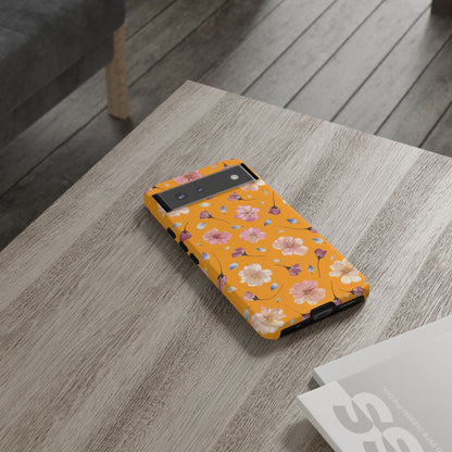 Coque Téléphone Samsung, iPhone & Google Pixel Renforcée Mate – Design Floral Fleurs de Cerisier sur Fond Couleur Curcuma| Protection Antichoc | Idée Cadeau Femme