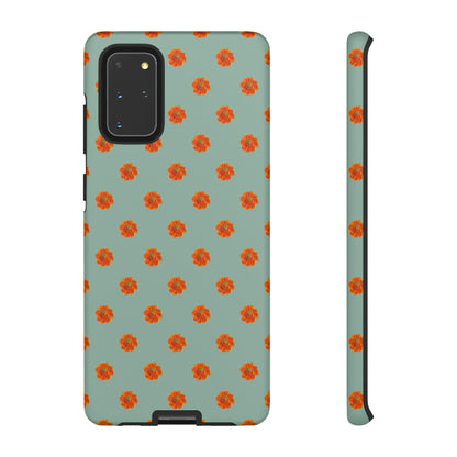 Coque Téléphone Samsung, iPhone & Google Pixel Renforcée Mate – Design Floral Epuré Fleurs de Cosmos Orange sur Fond Vert Eucalyptus | Protection Antichoc | Idée Cadeau Femme