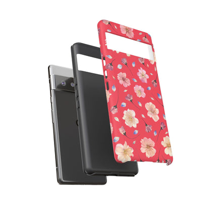 Coque Téléphone Samsung, iPhone & Google Pixel Renforcée Mate – Design Floral Fleurs de Cerisier sur Fond Rouge Féminin | Protection Antichoc | Idée Cadeau Femme