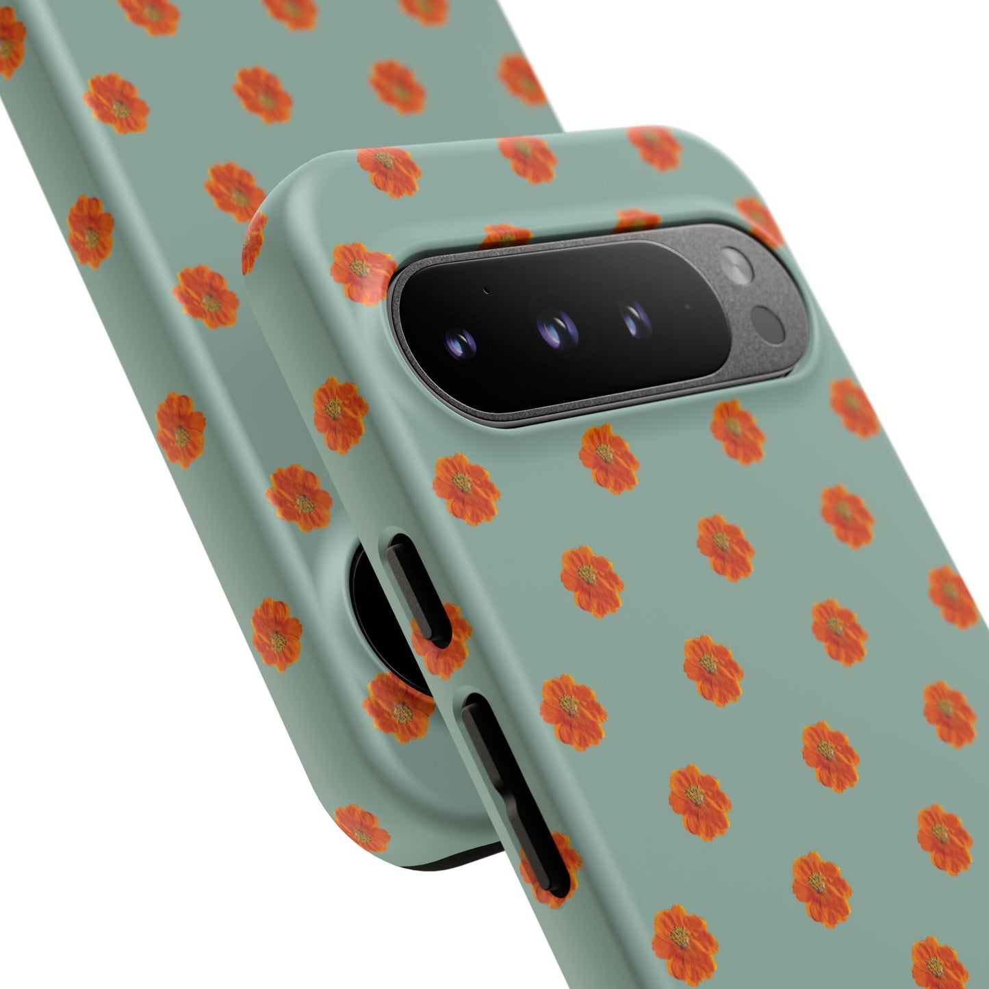 Coque Téléphone Samsung, iPhone & Google Pixel Renforcée Mate – Design Floral Epuré Fleurs de Cosmos Orange sur Fond Vert Eucalyptus | Protection Antichoc | Idée Cadeau Femme