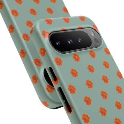 Coque Téléphone Samsung, iPhone & Google Pixel Renforcée Mate – Design Floral Epuré Fleurs de Cosmos Orange sur Fond Vert Eucalyptus | Protection Antichoc | Idée Cadeau Femme