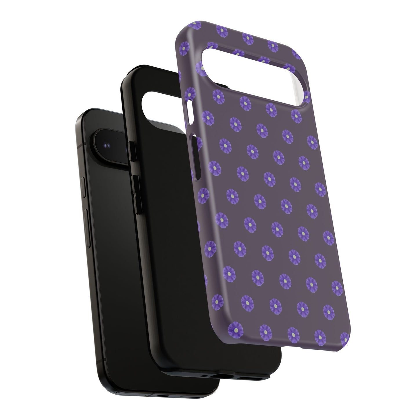 Coque Téléphone Samsung, iPhone & Google Pixel Renforcée Mate – Design Floral Epuré Fleurs de Primevère sur Fond Couleur Prune| Protection Antichoc | Idée Cadeau Femme
