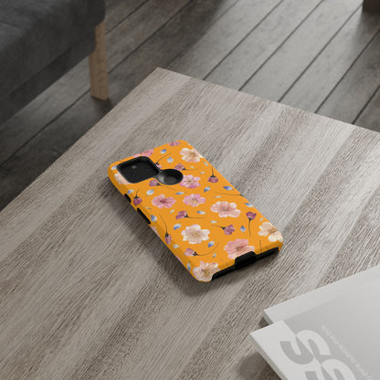 Coque Téléphone Samsung, iPhone & Google Pixel Renforcée Mate – Design Floral Fleurs de Cerisier sur Fond Couleur Curcuma| Protection Antichoc | Idée Cadeau Femme