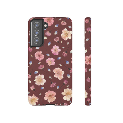 Coque Téléphone Samsung, iPhone & Google Pixel Renforcée Mate – Design Floral Fleurs de Cerisier sur Fond Bordeaux | Protection Antichoc | Idée Cadeau Pour Elle
