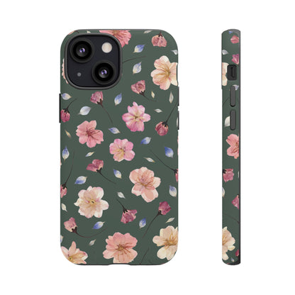Coque Téléphone Samsung, iPhone & Google Pixel Renforcée Mate – Design Floral Fleurs de Cerisier sur Fond Verte Minéral | Protection Antichoc | Idée Cadeau Femme