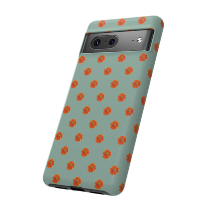 Coque Téléphone Samsung, iPhone & Google Pixel Renforcée Mate – Design Floral Epuré Fleurs de Cosmos Orange sur Fond Vert Eucalyptus | Protection Antichoc | Idée Cadeau Femme