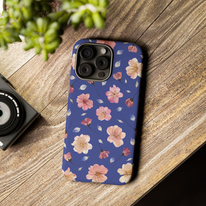 Coque Téléphone Samsung, iPhone & Google Pixel Renforcée Mate – Design Floral Fleurs de Cerisier sur Fond Bleu Encre | Protection Antichoc | Idée Cadeau Pour Elle