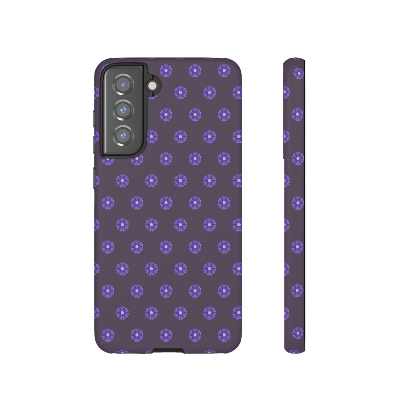 Coque Téléphone Samsung, iPhone & Google Pixel Renforcée Mate – Design Floral Epuré Fleurs de Primevère sur Fond Couleur Prune| Protection Antichoc | Idée Cadeau Femme