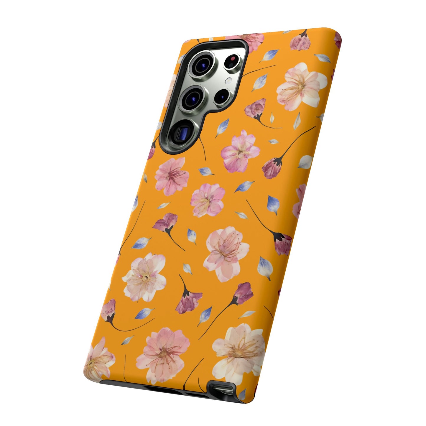 Coque Téléphone Samsung, iPhone & Google Pixel Renforcée Mate – Design Floral Fleurs de Cerisier sur Fond Couleur Curcuma| Protection Antichoc | Idée Cadeau Femme