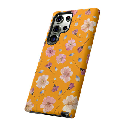 Coque Téléphone Samsung, iPhone & Google Pixel Renforcée Mate – Design Floral Fleurs de Cerisier sur Fond Couleur Curcuma| Protection Antichoc | Idée Cadeau Femme