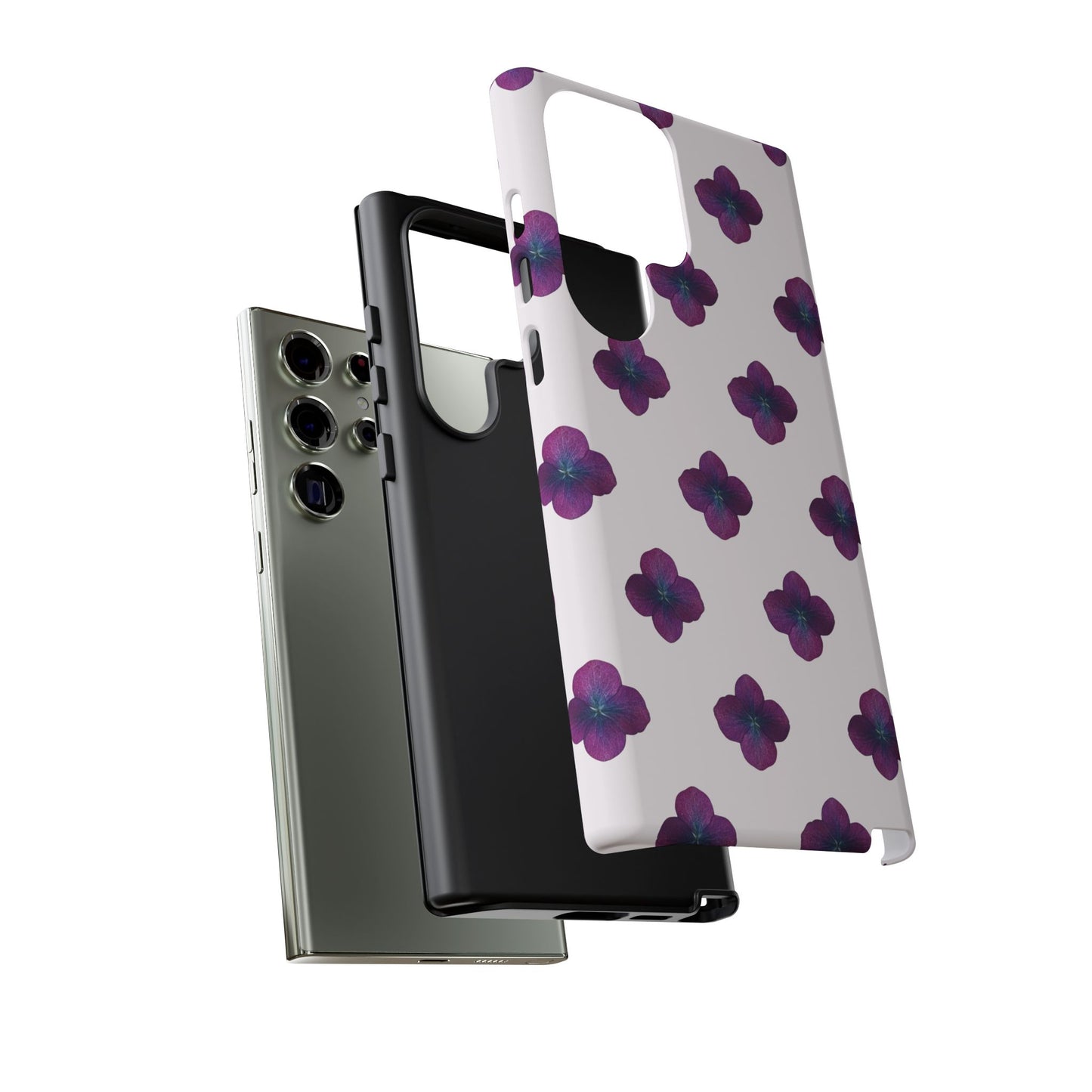 Coque Téléphone Samsung, iPhone & Google Pixel Renforcée Mate – Design Floral Epuré Fleurs de Hortensia sur Fond Blanc Perlé | Protection Antichoc | Idée Cadeau Anniversaire